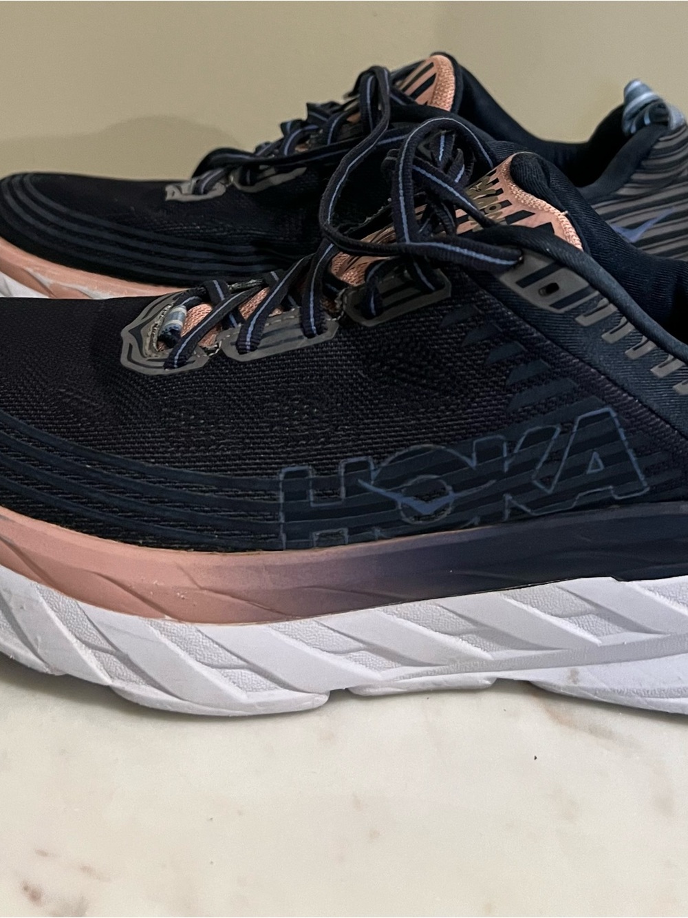Hoka Women's Black and Rose Gold Athletic Running Shoes